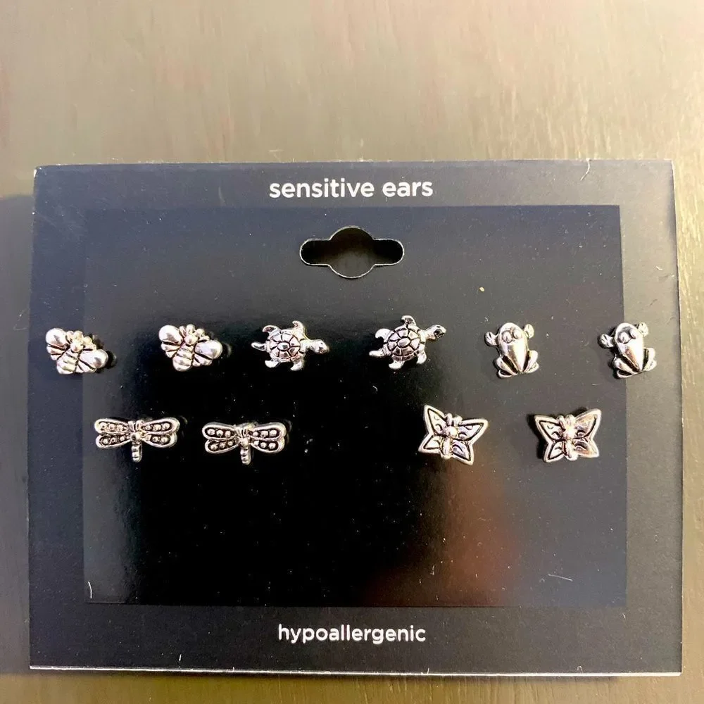 Hypoallergenic silver studs bee turtle butterfly frog dragonfly